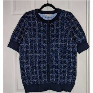 Woman Within Blue & Silver Snowflake Fair Isle Pattern Cardigan M 14/16
